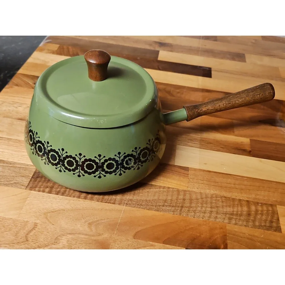 Vintage Green Enamel Fondue Pot Saucepan Floral MCM Boho Wood Handle 1970s
